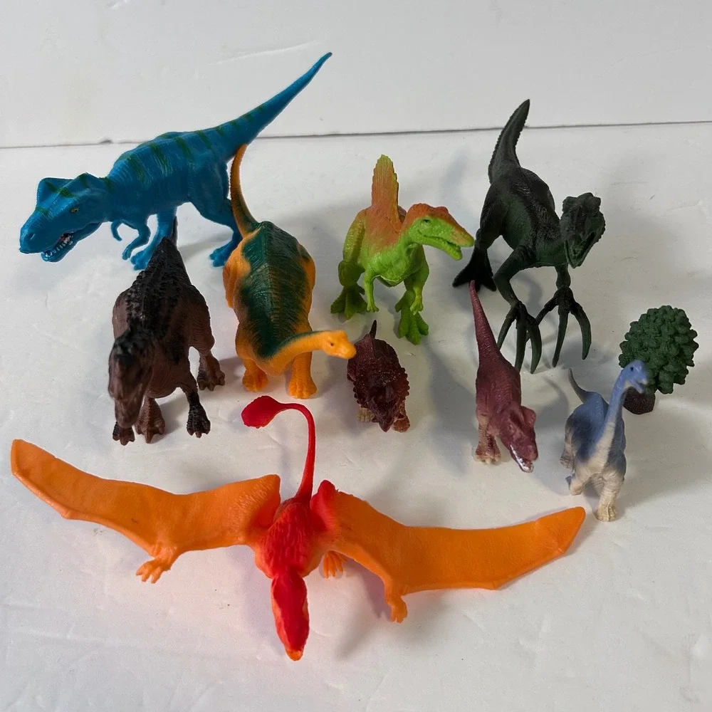 UsedAssorted Plastic Dinosaur Figures Lot of 9 with Tree Toy Prehistoric Animals